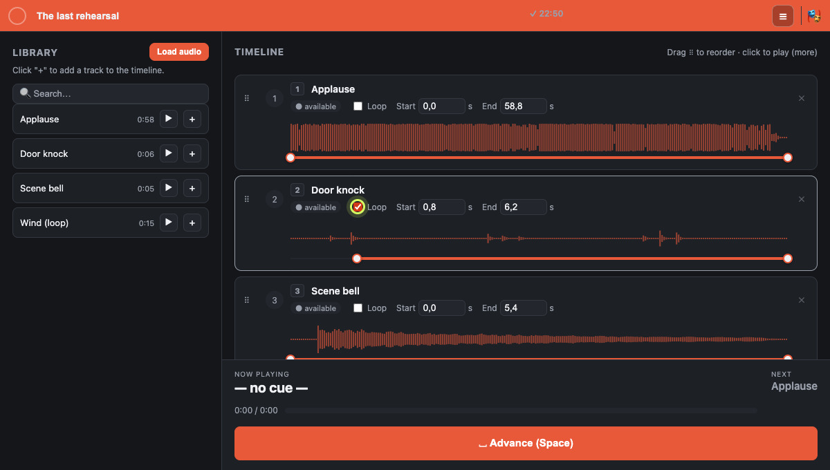 Adjusting a track’s start point and enabling loop playback.